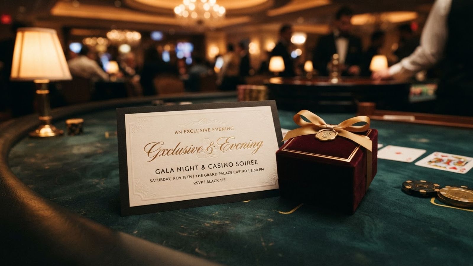 Invitation de parrainage et coffret cadeau sur une table de casino