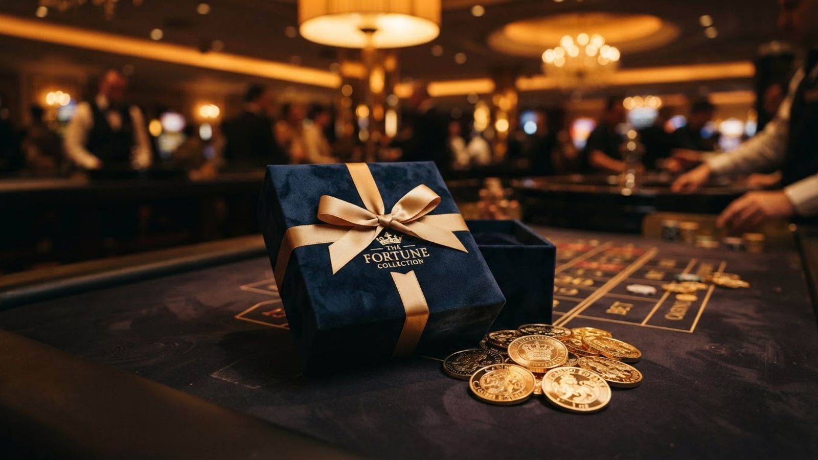 Coffret du bonus de bienvenue Aphrodite Casino avec pièces dorées