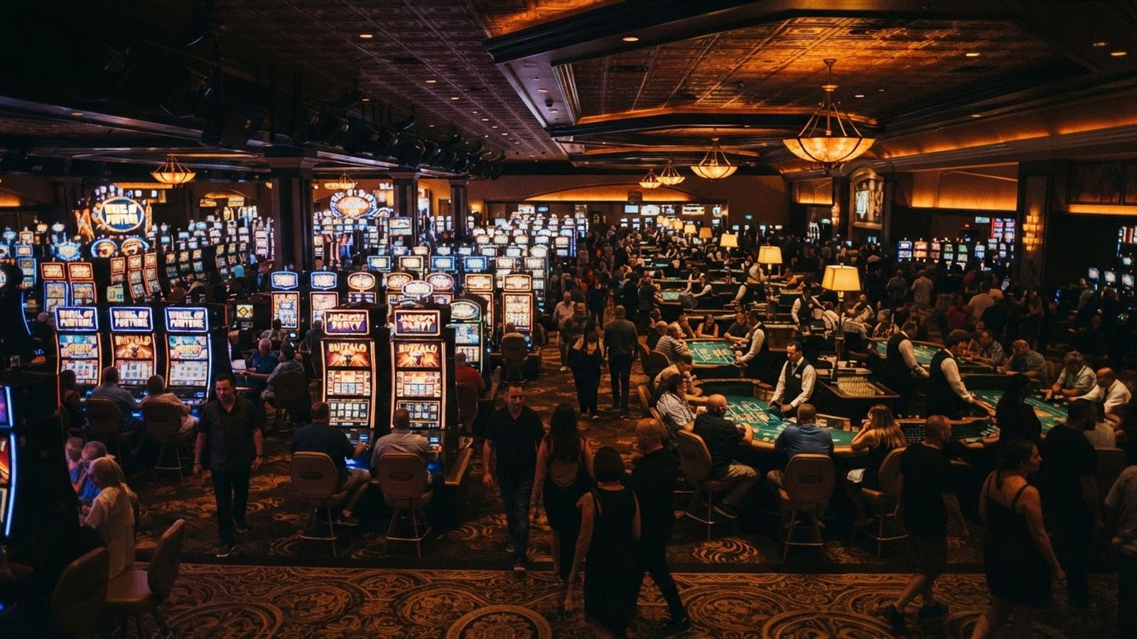 Salle de casino avec machines à sous dans une lumière chaude