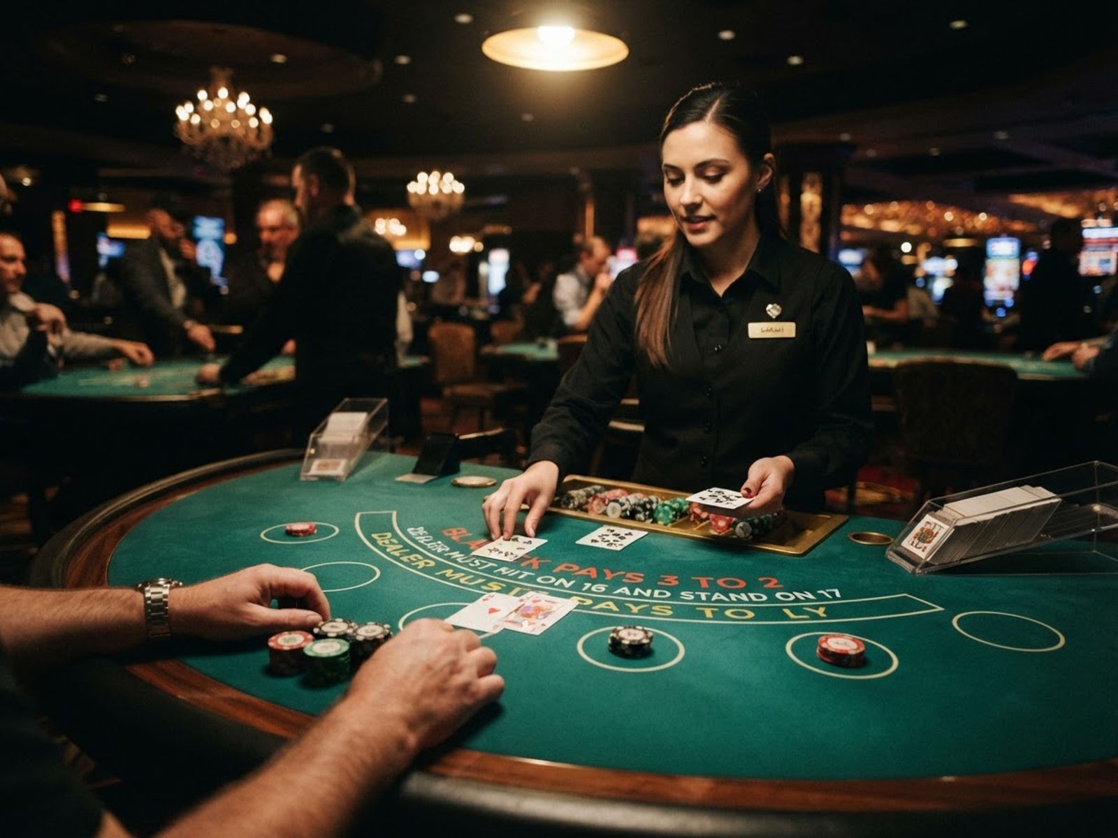 Table de blackjack en direct avec cartes et jetons