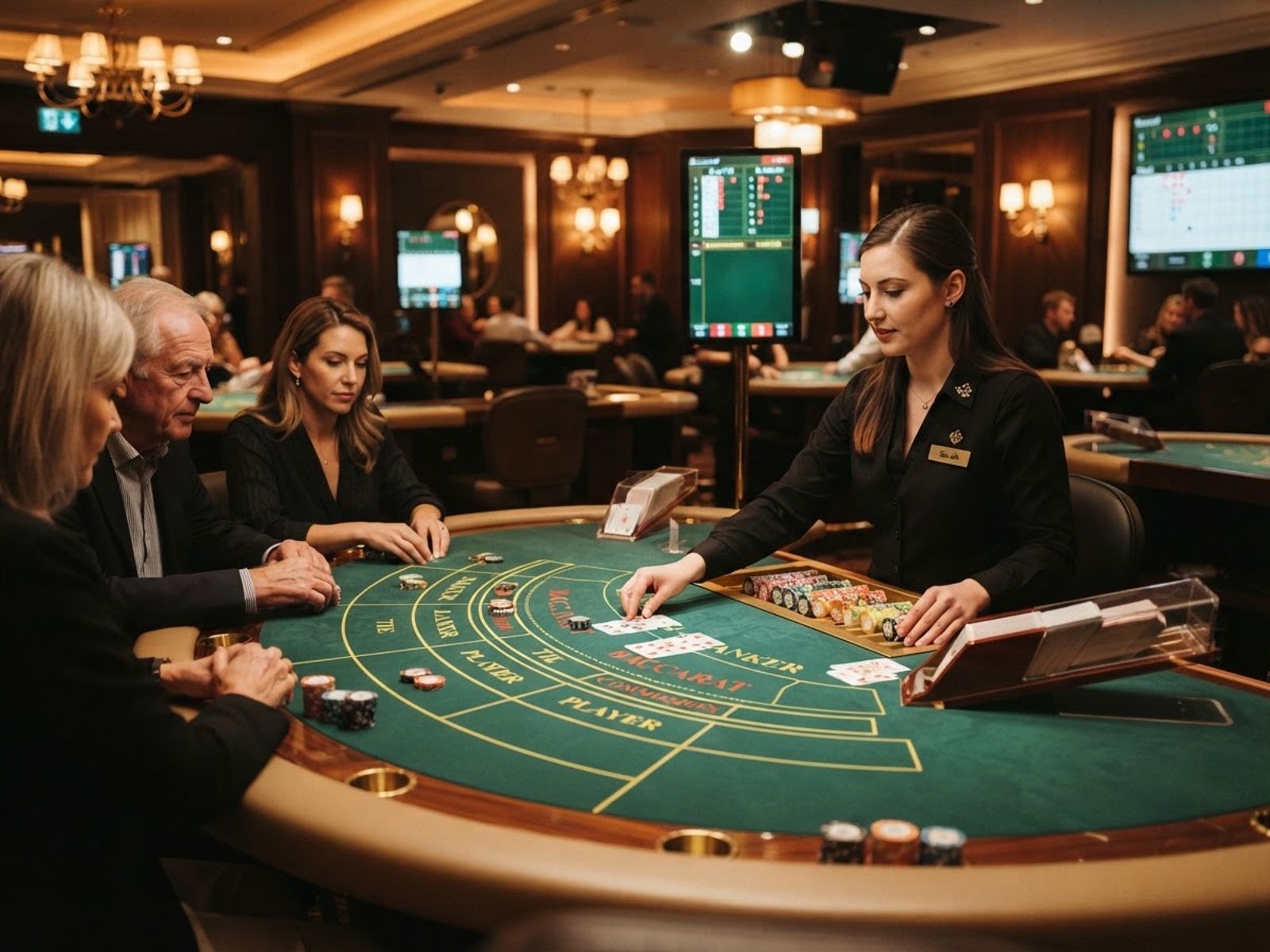 Table de baccarat en direct avec croupière, cartes et sabot
